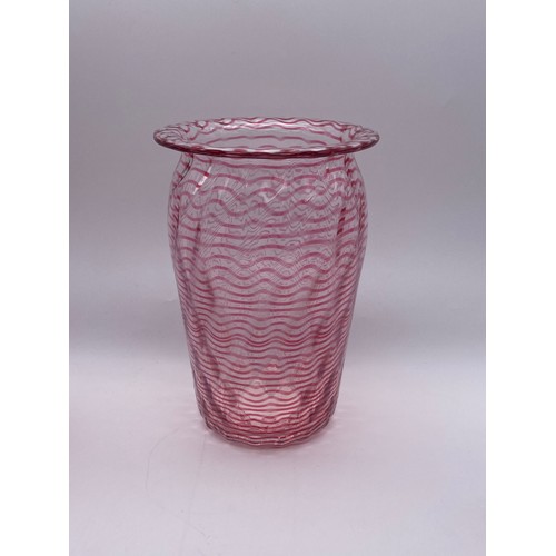 617 - TINTED WAVY PATTERN GLASS VASE, CANDY STRIPED VASE, FRILLED SHADE AND LATTICINO DISHES