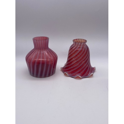 617 - TINTED WAVY PATTERN GLASS VASE, CANDY STRIPED VASE, FRILLED SHADE AND LATTICINO DISHES