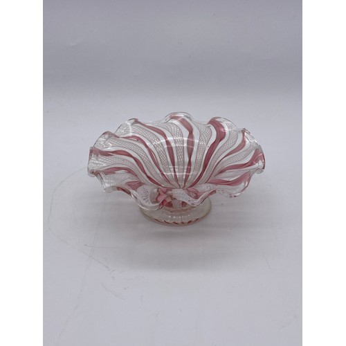 617 - TINTED WAVY PATTERN GLASS VASE, CANDY STRIPED VASE, FRILLED SHADE AND LATTICINO DISHES