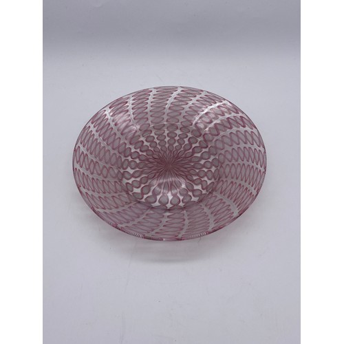 617 - TINTED WAVY PATTERN GLASS VASE, CANDY STRIPED VASE, FRILLED SHADE AND LATTICINO DISHES