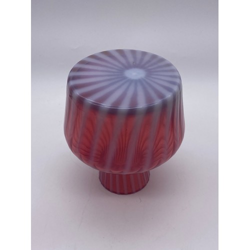 617 - TINTED WAVY PATTERN GLASS VASE, CANDY STRIPED VASE, FRILLED SHADE AND LATTICINO DISHES