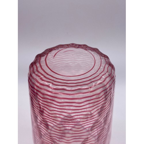 617 - TINTED WAVY PATTERN GLASS VASE, CANDY STRIPED VASE, FRILLED SHADE AND LATTICINO DISHES