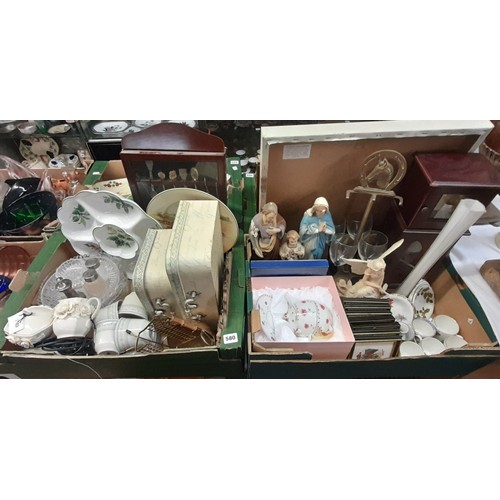 580 - TWO CARTONS CONTAINING CHALK FIGURES, ROYAL DOULTON TEAWARES, VARIOUS GLASSWARE, MINIATURE PICTURES