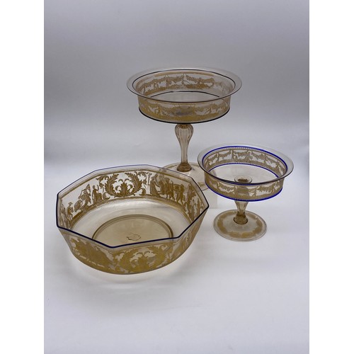 483 - THREE PIECES OF POSSIBLY FRENCH/ITALIAN GLASSWARE INC. PEDESTAL COMPORT AND OCTAGONAL BOWL DECORATED... 