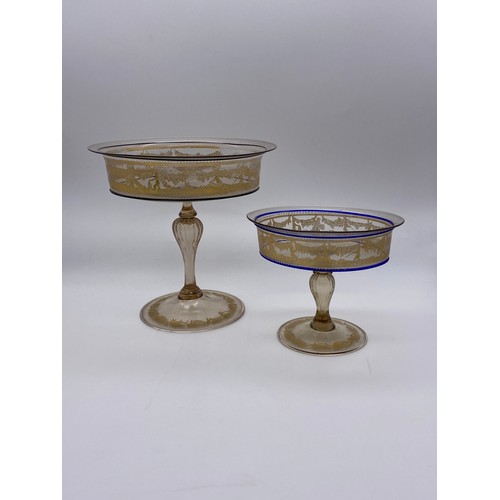 483 - THREE PIECES OF POSSIBLY FRENCH/ITALIAN GLASSWARE INC. PEDESTAL COMPORT AND OCTAGONAL BOWL DECORATED... 