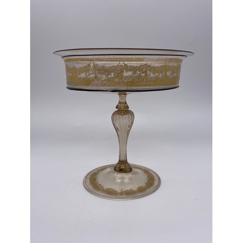 483 - THREE PIECES OF POSSIBLY FRENCH/ITALIAN GLASSWARE INC. PEDESTAL COMPORT AND OCTAGONAL BOWL DECORATED... 