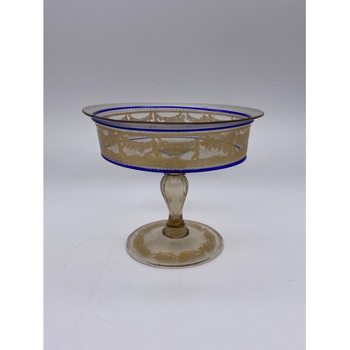 483 - THREE PIECES OF POSSIBLY FRENCH/ITALIAN GLASSWARE INC. PEDESTAL COMPORT AND OCTAGONAL BOWL DECORATED... 