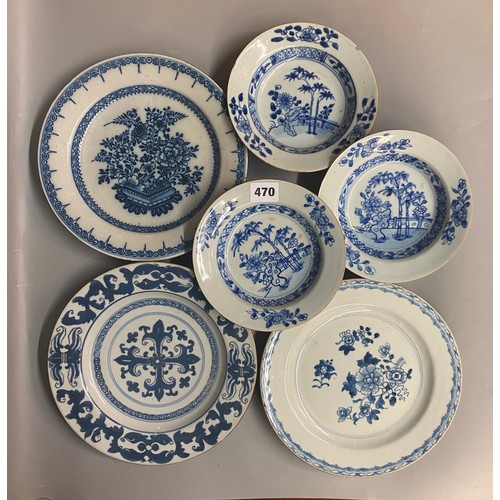 470 - THREE CHINESE EXPORT AND DELFT BLUE AND WHITE PLATES AND BOWLS