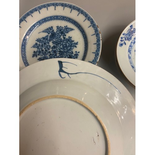 470 - THREE CHINESE EXPORT AND DELFT BLUE AND WHITE PLATES AND BOWLS