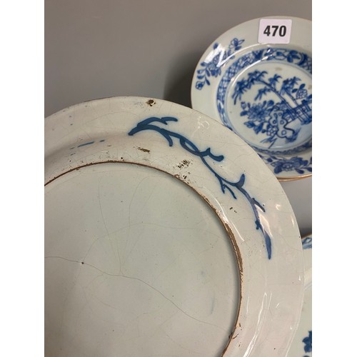 470 - THREE CHINESE EXPORT AND DELFT BLUE AND WHITE PLATES AND BOWLS