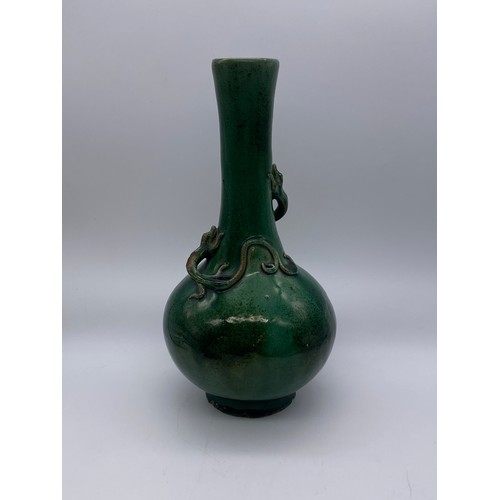 755 - CHINESE GREEN GLAZED POTTERY BALUSTER VASE DECORATED WITH APPLIED LIZARDS