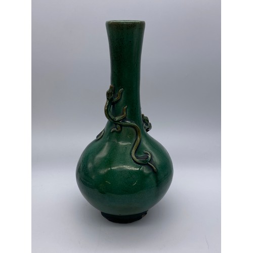 755 - CHINESE GREEN GLAZED POTTERY BALUSTER VASE DECORATED WITH APPLIED LIZARDS