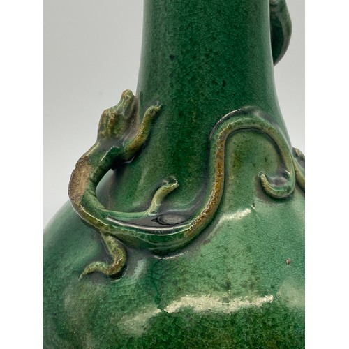 755 - CHINESE GREEN GLAZED POTTERY BALUSTER VASE DECORATED WITH APPLIED LIZARDS