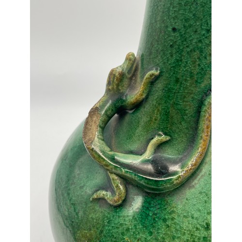 755 - CHINESE GREEN GLAZED POTTERY BALUSTER VASE DECORATED WITH APPLIED LIZARDS