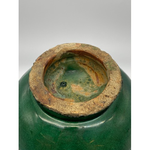 755 - CHINESE GREEN GLAZED POTTERY BALUSTER VASE DECORATED WITH APPLIED LIZARDS