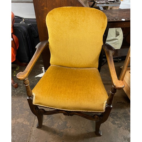 85 - UPHOLSTERED MAHOGANY ELBOW CHAIR WITH CABRIOLE LEGS