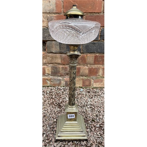 324 - 19TH CENTURY PLATED CORINTHIAN COLUMN OIL LAMP ON SQUARE STEP PED SECTION BASE WITH HOBNAIL CUT RESE... 