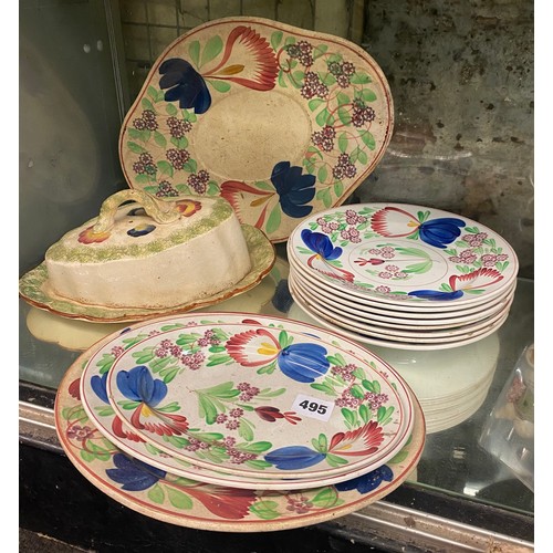 495 - VILLEROY AND BOSCH PAINTED SPONGEWARE PLATES AND PLATTERS AND SIMILAR POTTERY DISH AND COVER