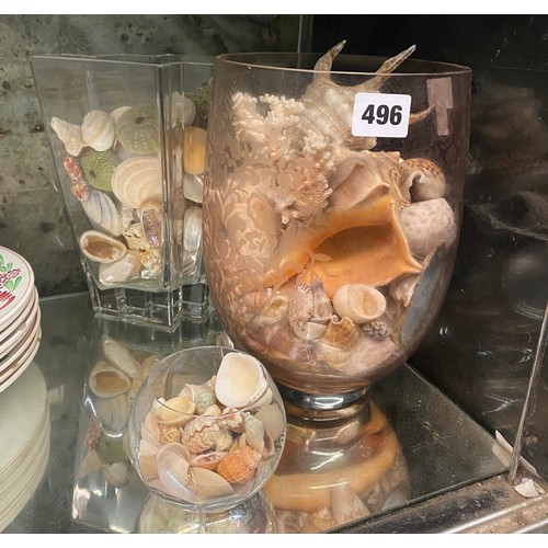 496 - ETCHED GLASS VASE OF VARIOUS SEASHELLS AND TWO OTHERS