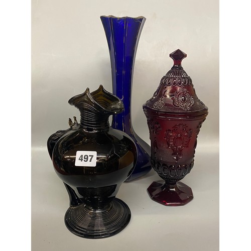 497 - AMBER GLASS DECANTER, PRESSED GLASS TAPERED VASE AND DOME COVER AND BRISTOL BLUE AND GILT TAPERED VA... 