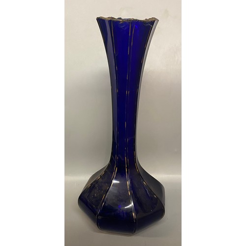 497 - AMBER GLASS DECANTER, PRESSED GLASS TAPERED VASE AND DOME COVER AND BRISTOL BLUE AND GILT TAPERED VA... 