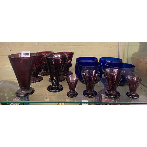 498 - FOUR BRISTOL BLUE FINGER BOWLS, FOUR MOULDED GOBLETS, AND AMETHYST GLASS GRADUATED TAPERED BEAKERS