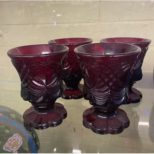 498 - FOUR BRISTOL BLUE FINGER BOWLS, FOUR MOULDED GOBLETS, AND AMETHYST GLASS GRADUATED TAPERED BEAKERS