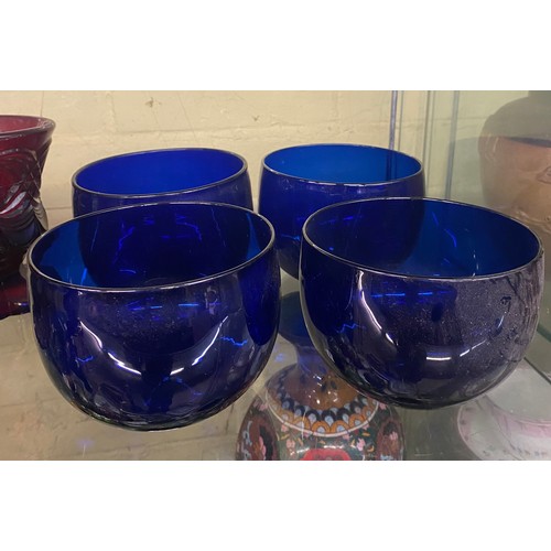 498 - FOUR BRISTOL BLUE FINGER BOWLS, FOUR MOULDED GOBLETS, AND AMETHYST GLASS GRADUATED TAPERED BEAKERS