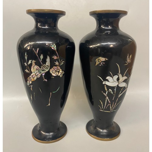 518 - PAIR OF KOREAN MOTHER OF PEARL INLAID BLACK LAQUERED TAPERED VASES