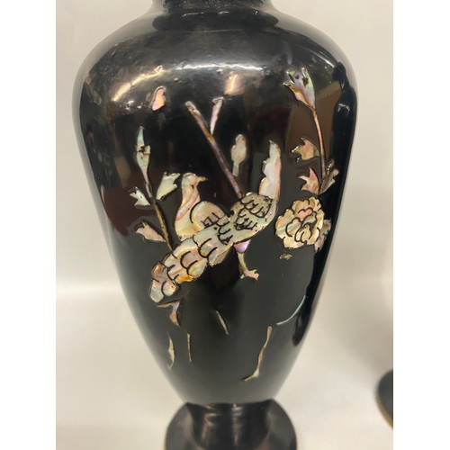 518 - PAIR OF KOREAN MOTHER OF PEARL INLAID BLACK LAQUERED TAPERED VASES