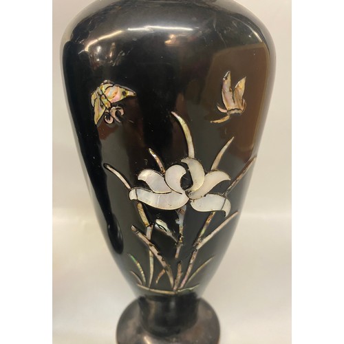 518 - PAIR OF KOREAN MOTHER OF PEARL INLAID BLACK LAQUERED TAPERED VASES