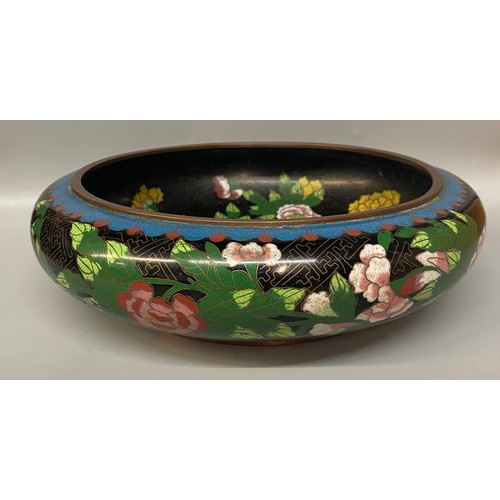 519 - LARGE CHINESE CLOISONNE BLOSSOM PATTERN SHALLOW BOWL ON BLACK GROUND WITH CHARACTER MARK TO UNDERSID... 