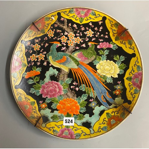 524 - PAIR OF 20TH CENTURY JAPANESE DECORATIVE WALL CHARGERS PAINTED WITH EXOTIC BIRDS AMIDST BLOSSOM ON A... 