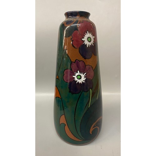 525 - GLASS PANELLED HAND PAINTED VASE DECORATED WITH FISH, BLACK GLASS FLORAL BALUSTER VASE AND ART NOUVE... 