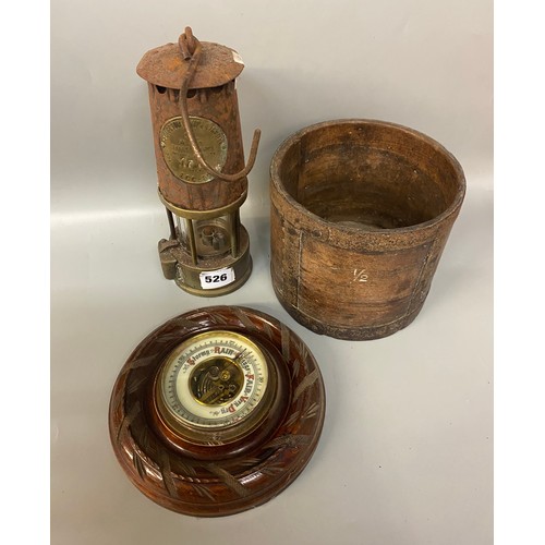 526 - ECCLES 177 MINERS SAFETY LAMP, CARVED ROUNDEL BAROMETER AND A HALF VICTORIAN QUART MEASURE