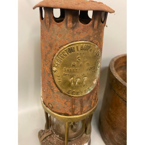 526 - ECCLES 177 MINERS SAFETY LAMP, CARVED ROUNDEL BAROMETER AND A HALF VICTORIAN QUART MEASURE