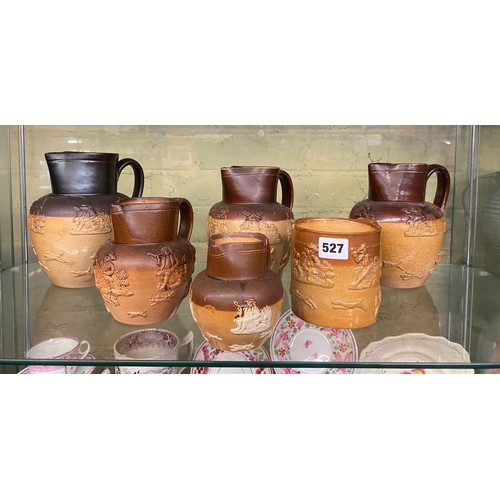 527 - DOULTON LAMBETH AND STONEWARE GRADUATED RELIEF MOULDED HUNTING AND COUNTRY JUGS AND TANKARD