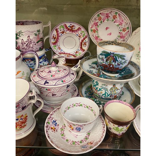 529 - SHELF OF 19TH CENTURY SUNDERLAND LUSTRE WARE TANKARDS, JUGS, PEARLWARE TEA CUPS AND SAUCERS AND OTHE... 