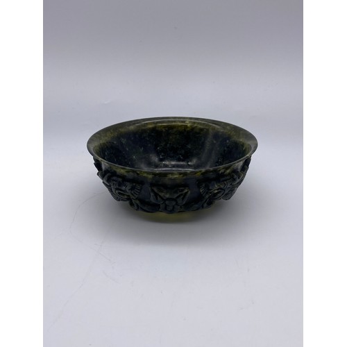 785 - SPINACH GREEN JADE BOWL WITH TWIN DRAGON RELIEF CARVING