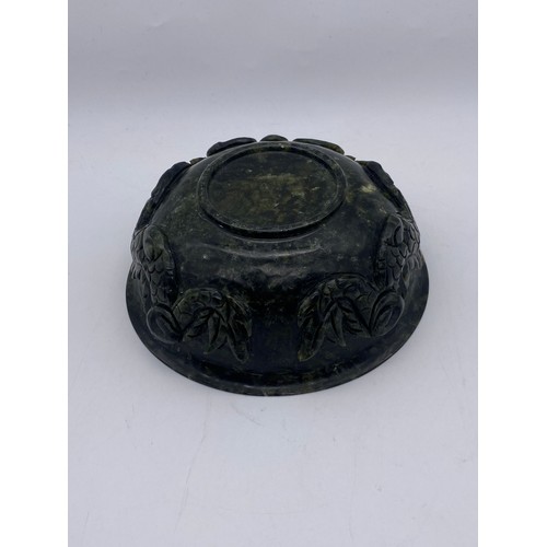 785 - SPINACH GREEN JADE BOWL WITH TWIN DRAGON RELIEF CARVING