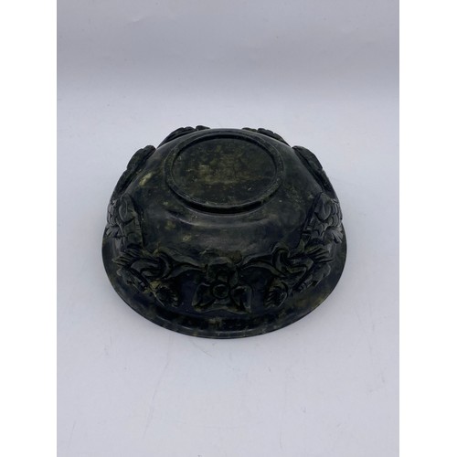 785 - SPINACH GREEN JADE BOWL WITH TWIN DRAGON RELIEF CARVING