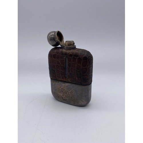 790 - QUALITY EPNS ENGRAVED LEATHER JACKETED HIP FLASK