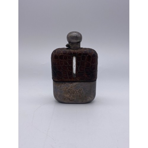 790 - QUALITY EPNS ENGRAVED LEATHER JACKETED HIP FLASK