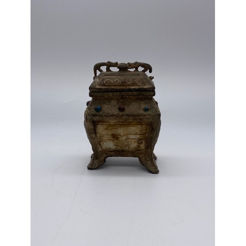 810 - CHINESE ARCHAIC METALWORK VESSEL WITH SOAPSTONE PANELS AND CABOCHONS