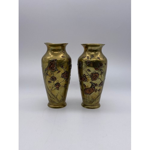 784 - PAIR OF JAPANESE BRONZE AND COPPER METAL BALUSTER VASES DECORATED WITH HERONS AND FOLIAGE