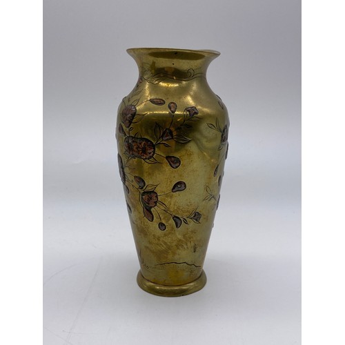 784 - PAIR OF JAPANESE BRONZE AND COPPER METAL BALUSTER VASES DECORATED WITH HERONS AND FOLIAGE