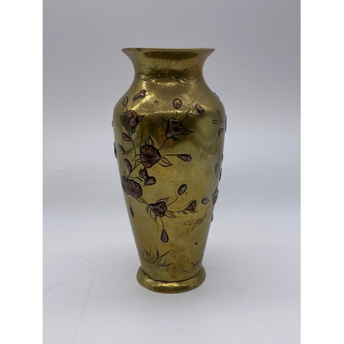 784 - PAIR OF JAPANESE BRONZE AND COPPER METAL BALUSTER VASES DECORATED WITH HERONS AND FOLIAGE