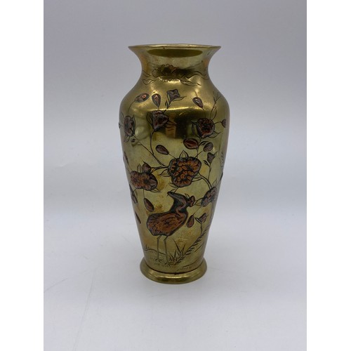 784 - PAIR OF JAPANESE BRONZE AND COPPER METAL BALUSTER VASES DECORATED WITH HERONS AND FOLIAGE