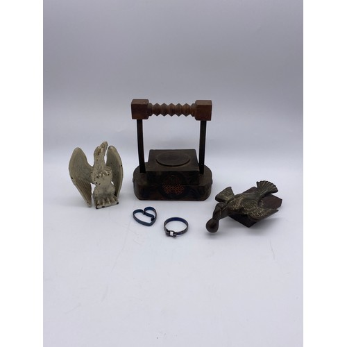 832 - PAINTED METALWORK EAGLE FIGURE, METAL WORK BIRD AND A FOLK ART TYPE WOODEN PRESS STAND