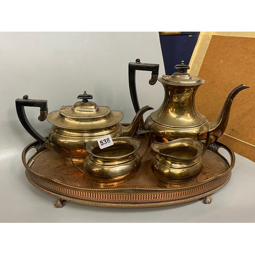 538 - EPNS REGENCY STYLE FOUR PIECE TEA/COFFEE SERVICE ON OVAL GALLERY TRAY